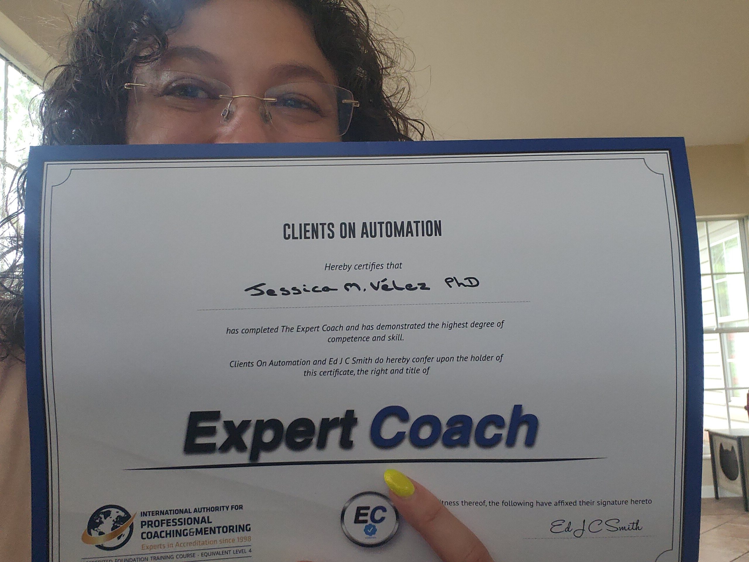 Jessica with her Expert Coach Certificate!